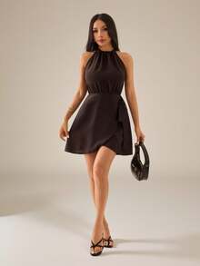 SHEIN PETITE 深棕色夏季優雅女款圓領無袖修身短款亞麻洋裝，休閒度假海灘派對婚禮賓客波希米亞風辦公穿搭，適合嬌小女性 - 棕色 - 查看 3