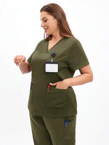TaskEZ Scrub Tops For Women - Sweetheart V-Neck Scrub Top ,Women Short Sleeve V-Neck Nurse Uniform - Army Green - View 5