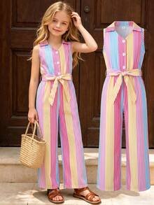 SHEIN Elladie kids 女童休閒度假百搭連身長褲，領口鈕扣前襟附腰帶，舒適柔軟皺褶丹寧風，適合秋季、野餐、出遊、姐妹穿搭、日常穿著 - 彩色 - 查看 7