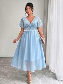 Elenzga Plus Size Women's Solid Color Chiffon Patchwork Waist-Cinched Slimming Shirred Back-Ruffle Open Back Short Sleeve Dress - Sky Blue - View 4