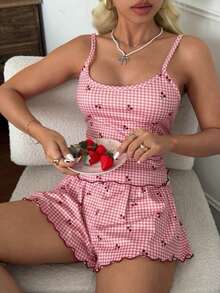 CottageSlumber Sweet Cherry Print Plaid Camisole Pajama Set - Pink - View 7