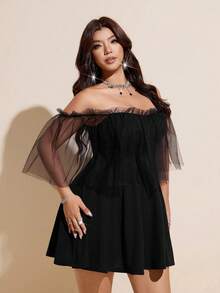 Viva Relle Vestido de línea A con chal de red para mujer de talla grande, sensual y elegante - Negro - Ver 5