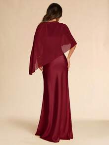 SHEIN BAE Spring/Summer Red Wine Satin Chiffon Shawl 2 Pieces Dress, Luxury Elegant Evening Gown Wedding Formal Mother Of The Bride Professional - Burgundy - View 2