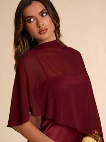 SHEIN BAE Spring/Summer Red Wine Satin Chiffon Shawl 2 Pieces Dress, Luxury Elegant Evening Gown Wedding Formal Mother Of The Bride Professional - Burgundy - View 6