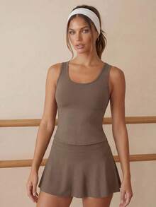 Eassivo Eassivo Women's Solid Color Round Neck Tank Top And Skort Sports Set - Brown - View 6