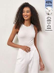 SHEIN BASICS 女款時尚百搭純色圓領細肩帶背心上衣，黑色女款上衣 - 白色 - 查看 4
