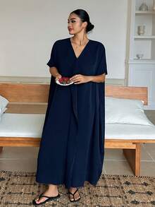 Dazy Plus Plus Size Women Solid Color Frill Trim Pullover Loose Long Nightgown Spring Summer Loungewear Dress Pajamas - Navy Blue - View 5