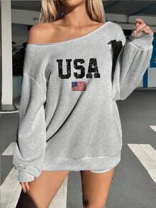SHEIN EZwear 淺灰色女款露肩寬鬆休閒長袖衛衣 - 淺灰色 - 查看 5