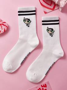 THE POWERPUFF GIRLS X SHEIN 3入組女款中筒條紋襪 - 白色 - 查看 7