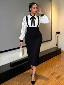 SHEIN Lady Slit Back Pencil Dress With Strap Elegant - Black - View 1