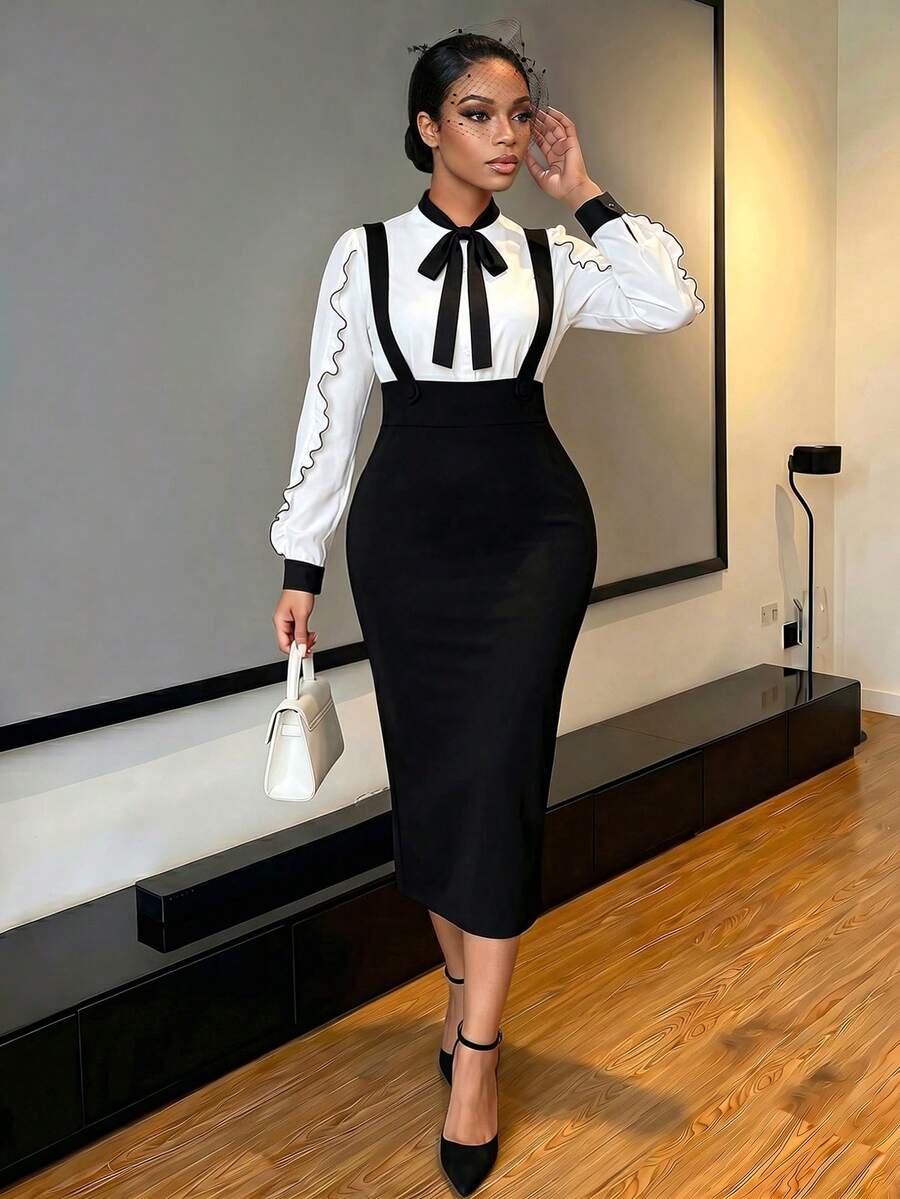 SHEIN Lady Slit Back Pencil Dress With Strap Elegant - Black - View 1