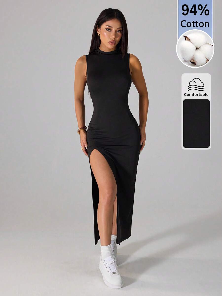 SHEIN PETITE 女士優雅休閒開衩洋裝,輕盈夏季女款洋裝,適合嬌小女性 - 黑色 - 查看 1