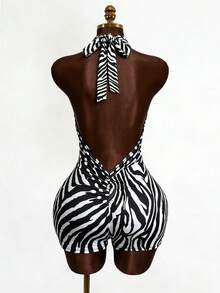 Mistrie Mono ajustado con cuello halter y espalda descubierta con estampado de cebra para mujer - Blanco y Negro - Ver 5