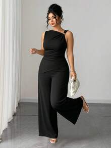 Elenzga Plus Size Women's New Black Sleeveless Asymmetric Shoulder Decor Button Waist Ruched Top And Wide Leg Pants Casual Versatile 2-Piece Set - Black - View 6