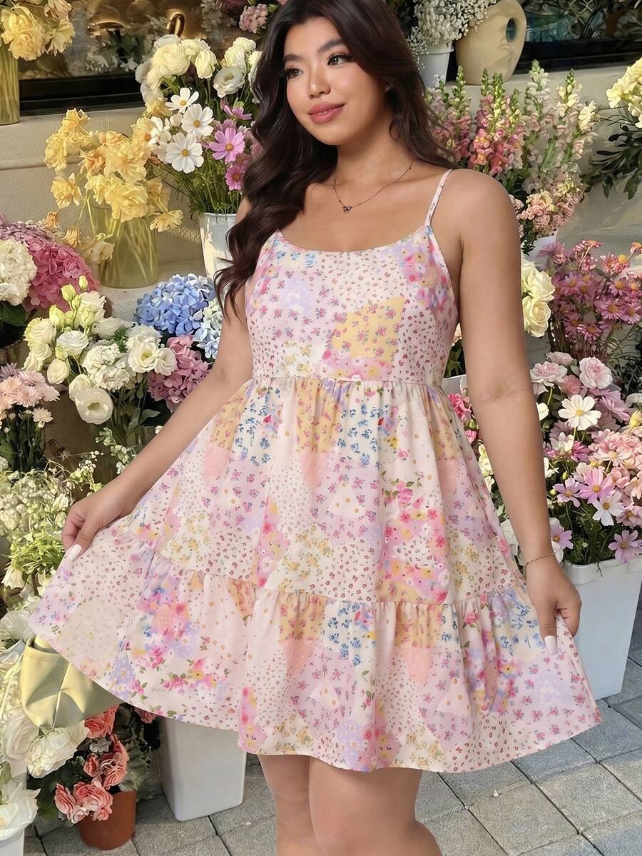 GalTyme Plus Size Women Summer Autumn Patchwork Pattern Casual Cute Fairycore Kawaii Slip Dress Wedding Guest Pink - Multicolor - View 1