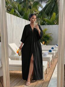 SHEIN Lady CURVE 大尺碼女款素色百褶修身開衩洋裝 - 黑色 - 查看 5