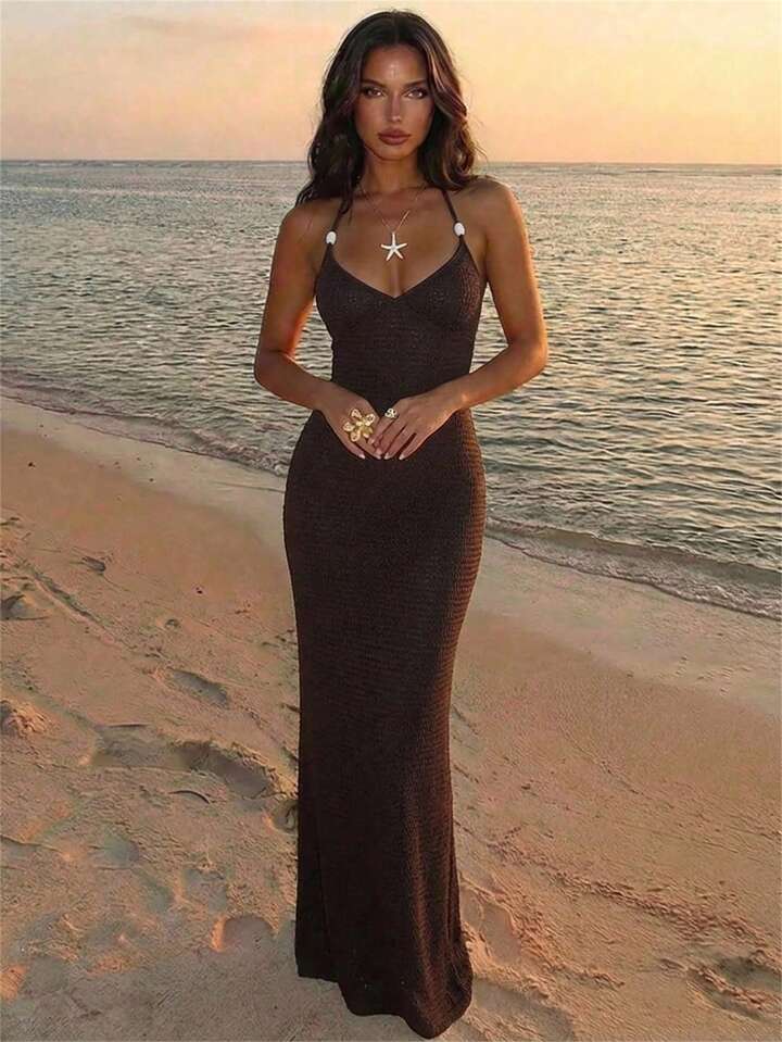 brown beach dress BEAUDRM Women's Summer Maxi Flowy Sundresses Vacation Outfits Off shoulder dresses Halter Ruched Maxi Dress Brown