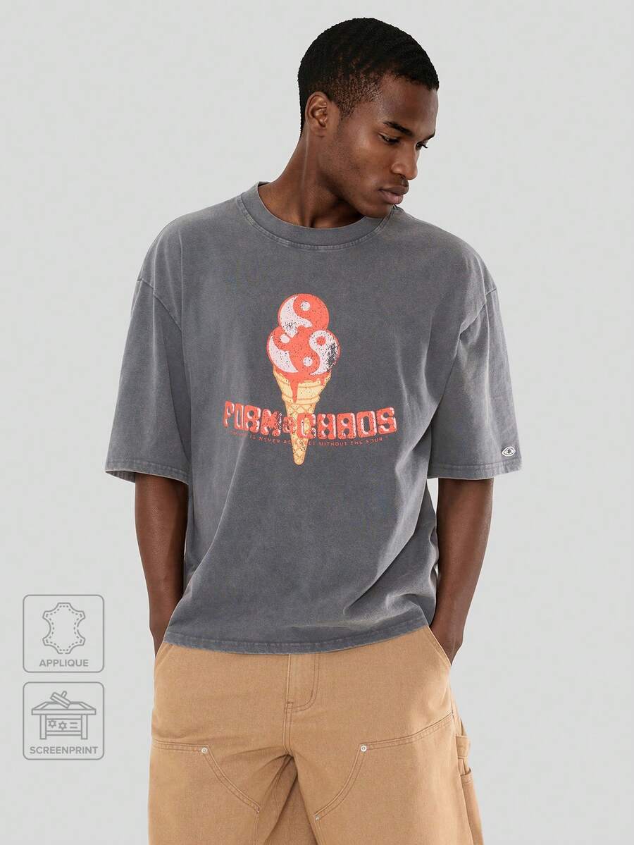 FORM&CHAOS Men's Summer Vintage Casual Streetwear Washed T-Shirt Going Out Dark Grey - Black - View 1