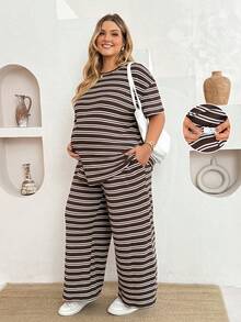 Plussiva Plus Size Maternity Striped Short Sleeve Top And Adjustable Waist Long Pants Casual Daily 2 Pieces Set Post Partum Lounge Summer - Brown - View 8