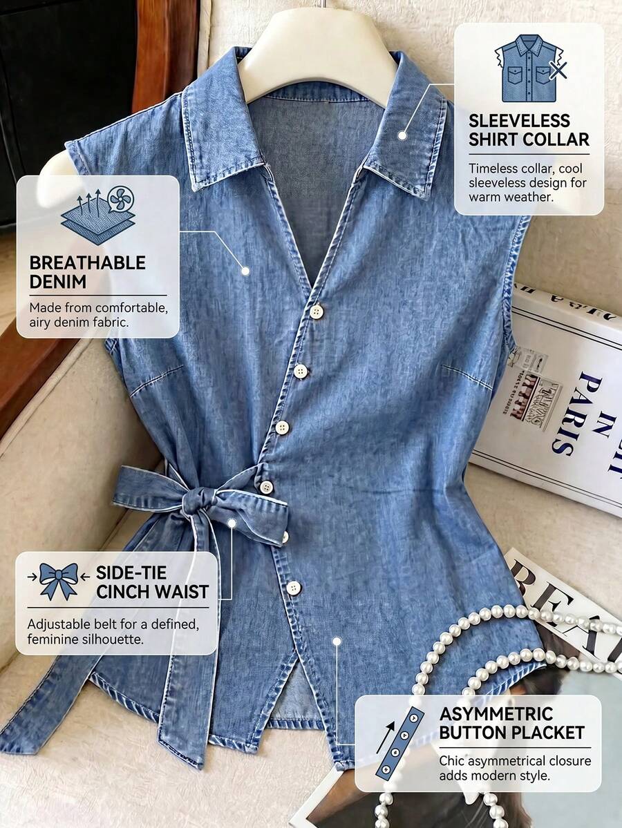 SHEIN MOD 大尺碼純色圍裹繫帶無袖休閒牛仔上衣 夏季嘉年華服裝 通勤 度假 畢業 俐落 Y2k 可愛街頭風 甜美派對 婚禮 優雅商務休閒 女款經典牛仔無袖襯衫 領口設計 前繫帶 時尚夏季造型 - 藍色 - 查看 1