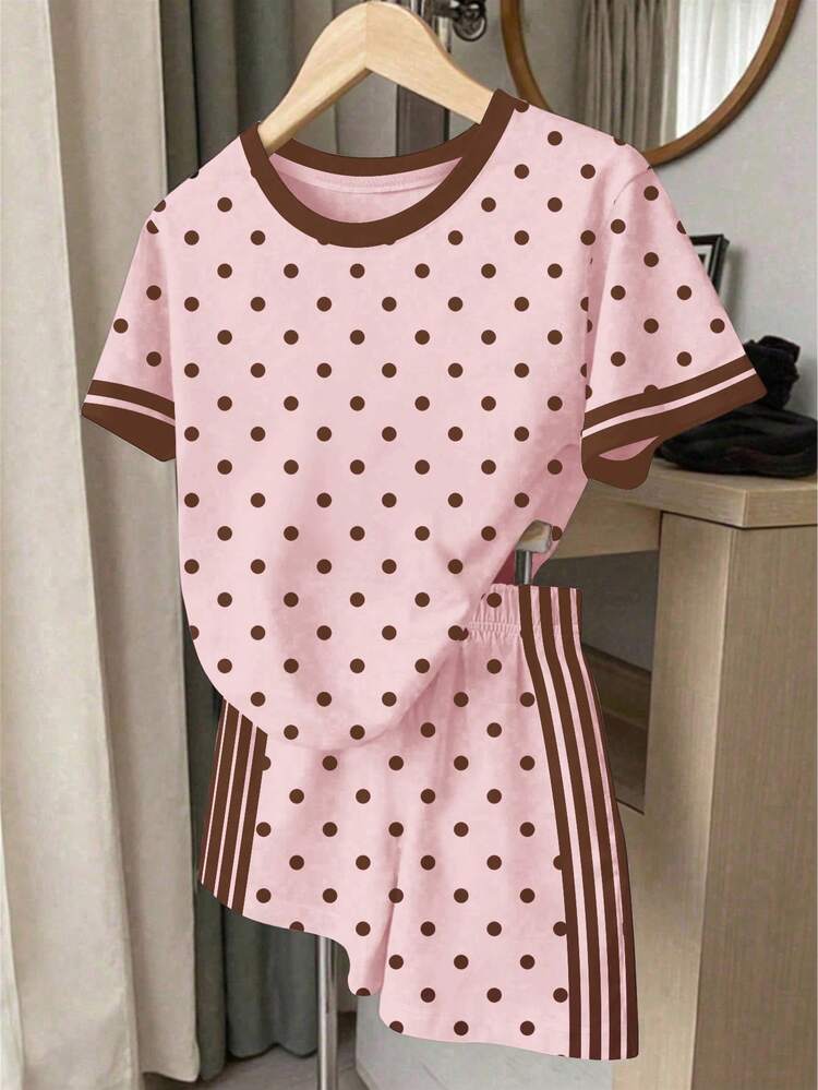 Tween Girl Casual Minimalist Short Sleeve T-Shirt And Shorts 2 Pieces Set, Suitable For Summer - Multicolor - View 3