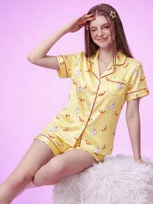 Notgurli Set pijama pentru femei, galben, cu imprimeu drăguț de rață mică în stil desen animat, cu rever și mânecă scurtă, pantaloni scurți, 2 piese, loungewear casual pentru acasă - Multicolor - Vizualizare 5