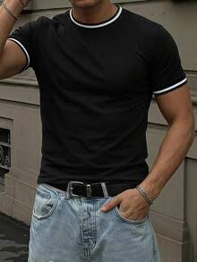 DAZY Black Short Sleeve Ribbed Collar Contrast Color Design Slightly Loose Fit Men's T-Shirt - Black - View 6