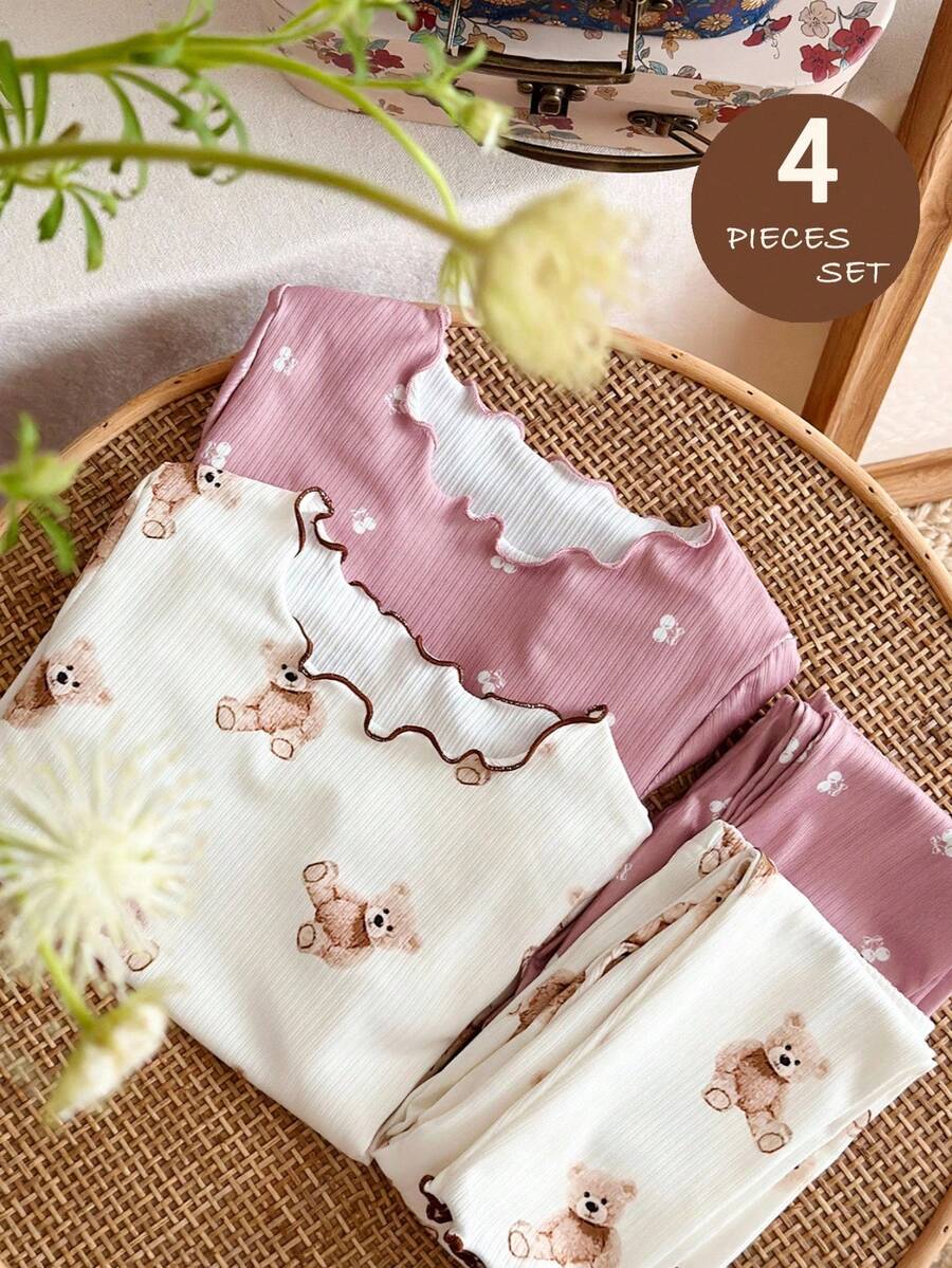 SHEIN 4件套少女可爱卡通熊和花卉图案荷叶边圆领短袖长裤舒适休闲针织睡衣套装 - 彩色 - 查看 1