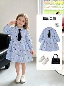 Elladie kids 女童休閒長袖蝴蝶結領口領帶洋裝,藍黑印花,適合春秋穿著,開學季與7歲生日穿搭 - 藍色 - 查看 6