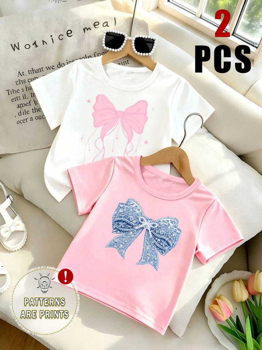 2pcs/Set Girls Blue & Pink Bow Pattern Printed All-Match Short Sleeve T-Shirts, Cute Cartoon Daily Comfortable Versatile - Multicolor - View 1