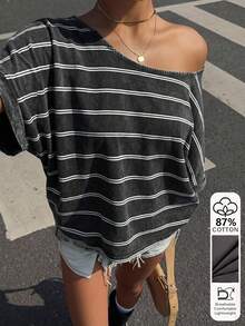 Muchica Plus Size Women Striped Asymmetrical Shoulder Casual Versatile Daily Wear T-Shirt - Dark Grey - View 1