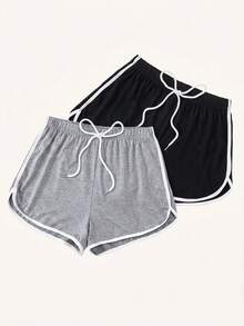 Esseday 2件套女士休闲运动撞色绑带休闲裤睡眠短裤套装 - 彩色 - 查看 2