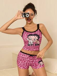 Betty Boop x SHEIN Women's Leopard Print Camisole Top And Shorts Pajama Set - Pink - View 3