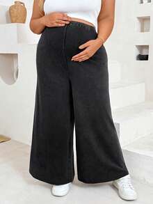 Plussiva Celana Panjang Longgar Kasual Ukuran Plus untuk Ibu Hamil Musim Gugur - Dark Grey - View 5