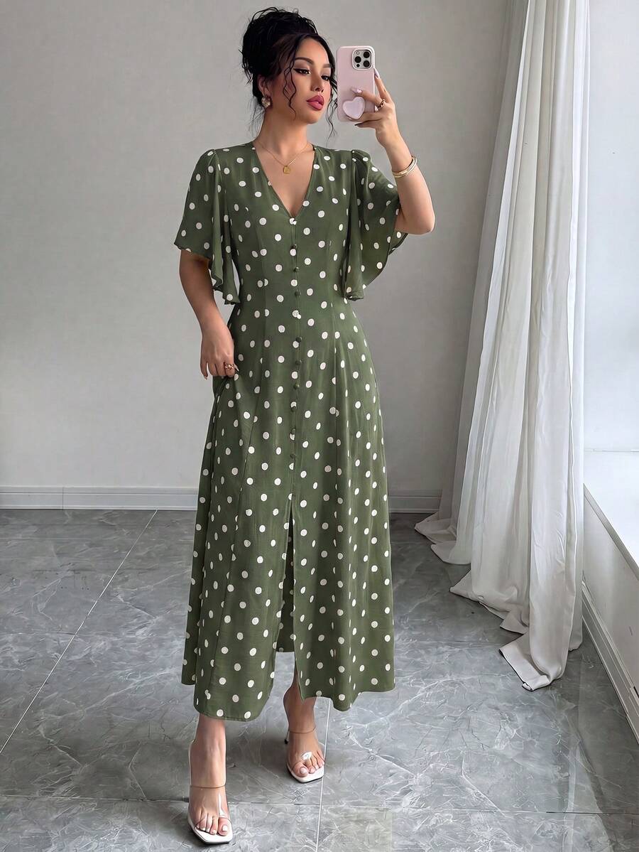 Elenzga Women's V-Neck Cinched Waist A-Line Button-Front Hem Slit Umbrella Sleeve Short Sleeve Apricot Base Coffee Brown Romantic Large Polka Dot Long Dress French Elegant Sophisticated Vintage Formal Office Commute Casual Beach Vacation Beach Style Western Street Style Street Photography Minimalist Versatile Fashion Afternoon Tea Party Home Leisure Comfortable Bohemian Spring Summer New - Army Green - View 1