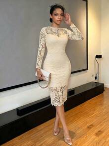 SHEIN Lady 女士纯色长袖蕾丝修身优雅时尚连衣裙 - 杏色 - 查看 5