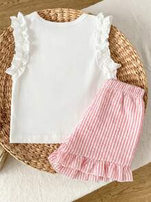 SHEIN Playful Pals 女童針織提花米色荷葉邊背心上衣與粉色荷葉邊短褲套裝，可愛甜美嬰兒夏季套裝 - 粉色 - 查看 2