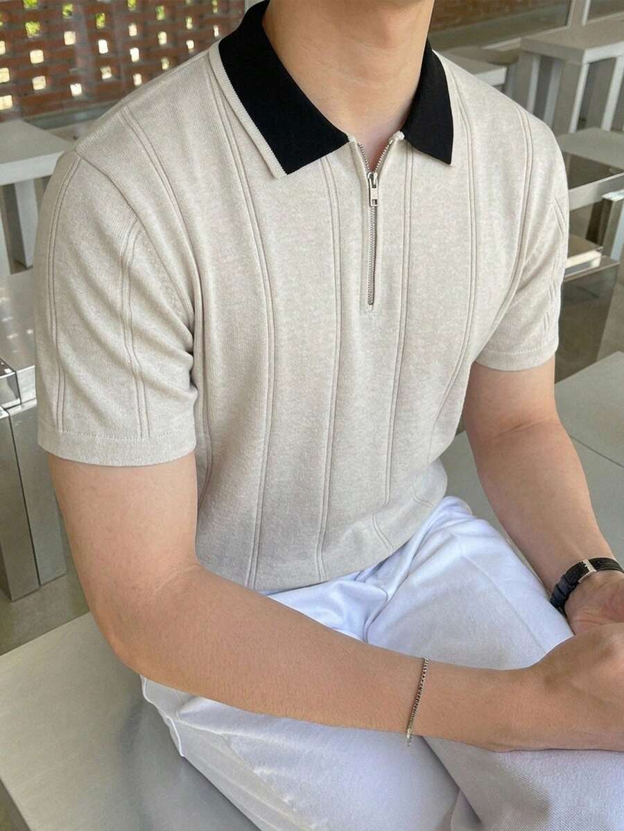 DAZY 男士短袖對比領米色針織上衣 夏季 - 米色 - 查看 1