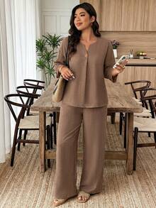 Weeklong Plus Size Women's Spring/Summer Notch Neck Stud Button Decor Casual Vacation Set - Brown - View 5