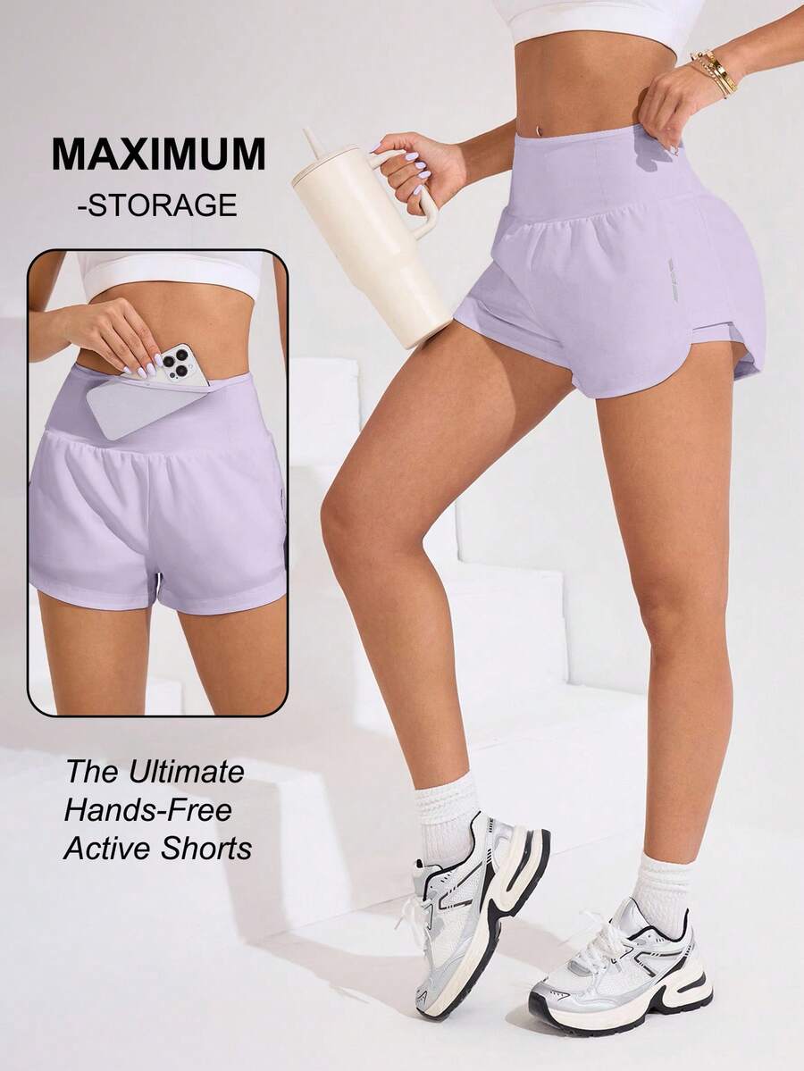 SHEIN Sovereign Charm Celana Pendek Olahraga Wanita Warna Polos dengan Kantong di Pinggang - Mauve Purple - View 1