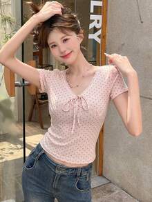DAZY 女款波點印花前綁帶短袖修身T恤 夏季可愛上衣 - 白色 - 查看 4
