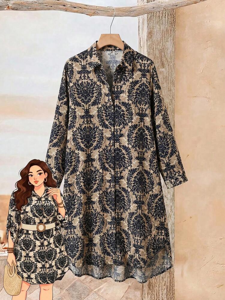 90s country dress Rusticease Plus Size Vintage Traditional 1920s Style Casual Cardigan Shirt Dress, Button Curved Hem Short Long Sleeve Early Autumn Beige Vacation Scoop White backless dress for Color:Dusty Blue