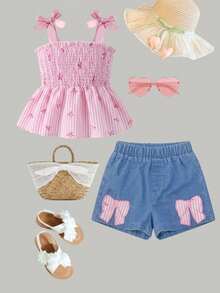 SHEIN Playful Pals 2件套 女童休闲通勤甜美风蝴蝶结吊带背心和花卉刺绣短裤，春夏款 - 粉色 - 查看 9