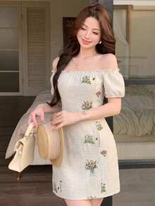 Joudiya 夏季花卉刺繡露肩女款短洋裝，適合婚禮宴會舞會、優雅通勤與度假 - 米色 - 查看 2
