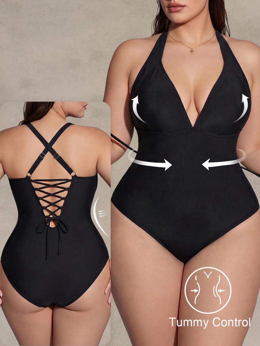 Shapewave Plus Size Women's Elegant Sexy Solid Color One-Piece Beach Vacation Swimsuit Summer - Black - View 1