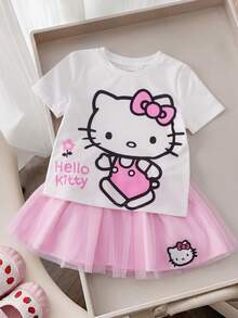 HELLO KITTY AND FRIENDS | SHEIN Young Girl Cartoon Print T-Shirt & Mesh Skirt Set - Multicolor - View 4