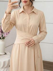 Al Najma Elegant Solid Color Button Side Tie Slim Fit Turkish Maxi Dress & Arabic Traditional Abaya - Apricot - View 6