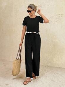SHEIN Frenchy 女款拼色圓領短袖上衣與長褲兩件套 - 黑色 - 查看 4