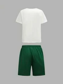 Tween Boy Casual Sporty Printed Patchwork Short Sleeve Round Neck Pullover T-Shirt & Solid Color Shorts Knitted Two-Piece Set - Multicolor - View 4
