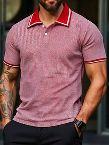 Manfinity Homme Kemeja Polo Pria Ukuran Besar dengan Motif Geometris dan Trim Kontras, Lengan Pendek, dan Kancing - Merah - View 1
